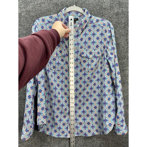 Talbots Roll Tab Button Front Shirt Womens LP Teal Peach Medallion Wrinkle Free - Picture 6 of 8